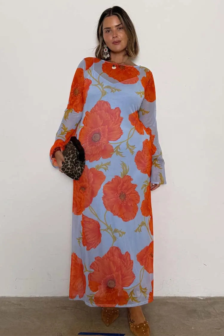 Poppy Floral Long-Sleeve Maxi Dress, Blue, Red