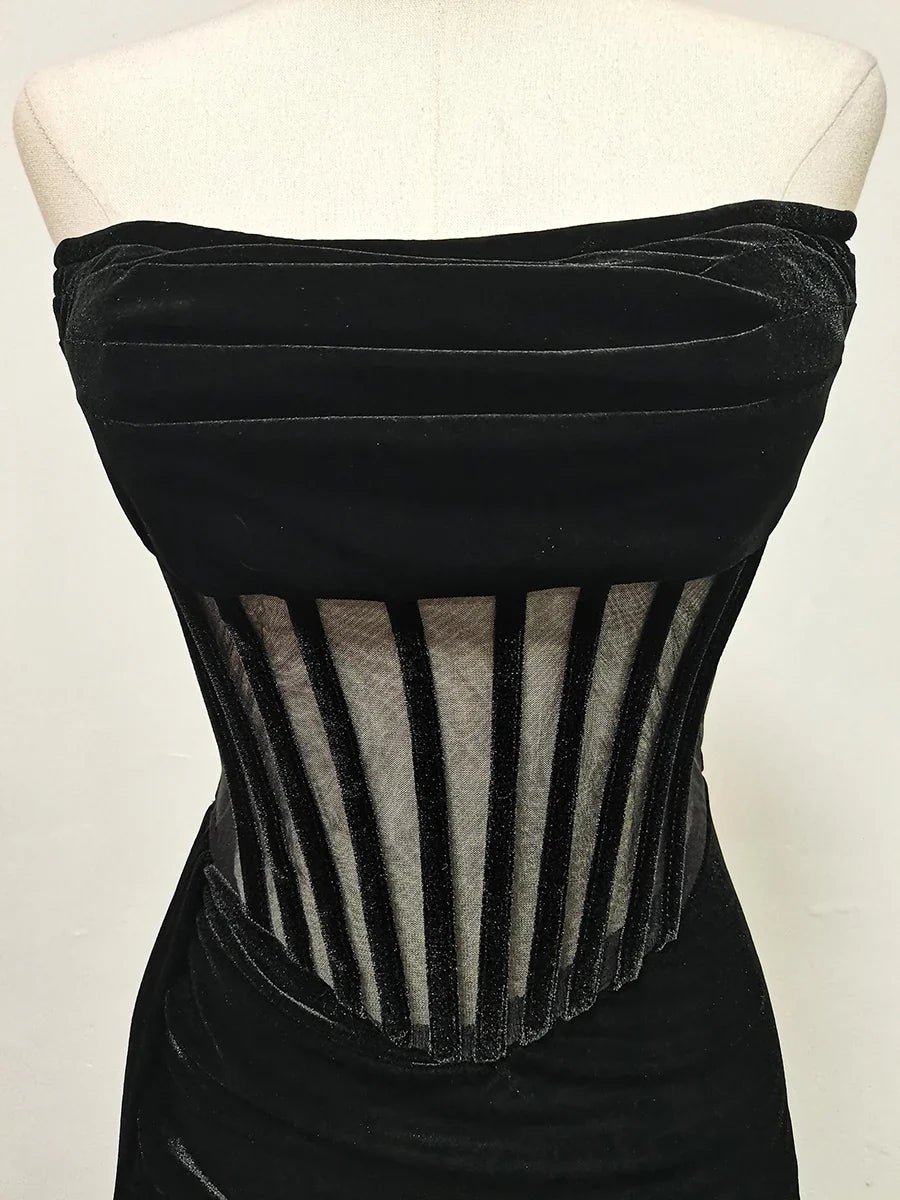 Strapless Boning Sheer Patchwork Slit Maxi Dress