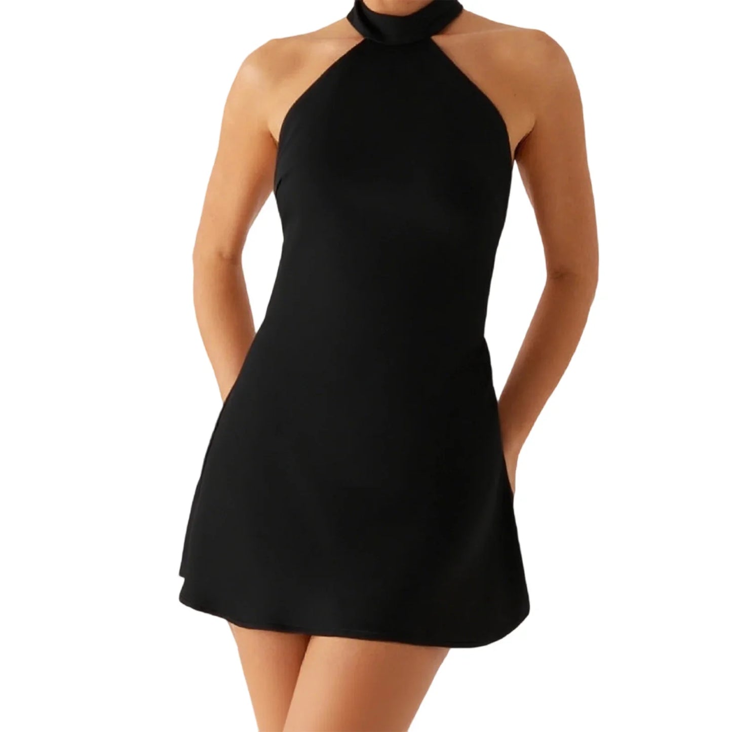 Black halter neck dress on a white background