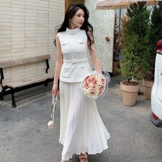 White Bow Pocket Tweed Chiffon Long Dress