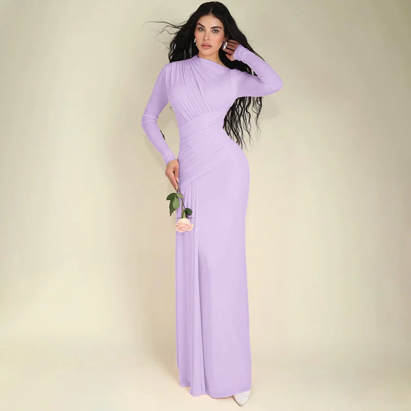 Irregular Pleated Long Sleeve Maxi Dress – O-Neck Floor-Length Silhouette