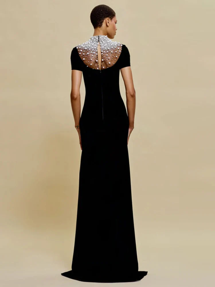 Velvet Rhinestone Pearl Embellished Black Long Dress