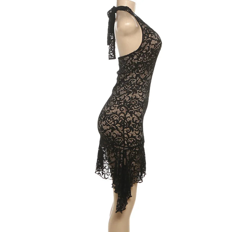 Black Lace Halter Mini Dress | Backless Night-Out Statement