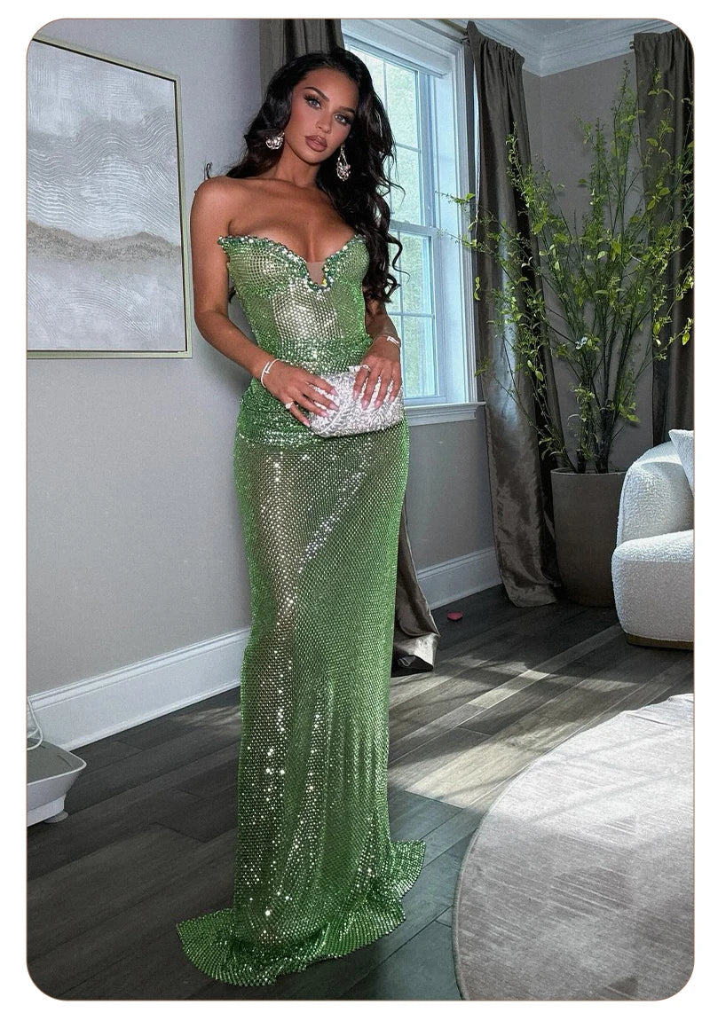 Sequin Green Strapless Mermaid Gown with Sculpted Waist