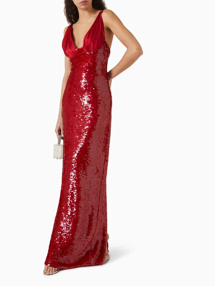 Red Deep V-Neck Sequin Gown
