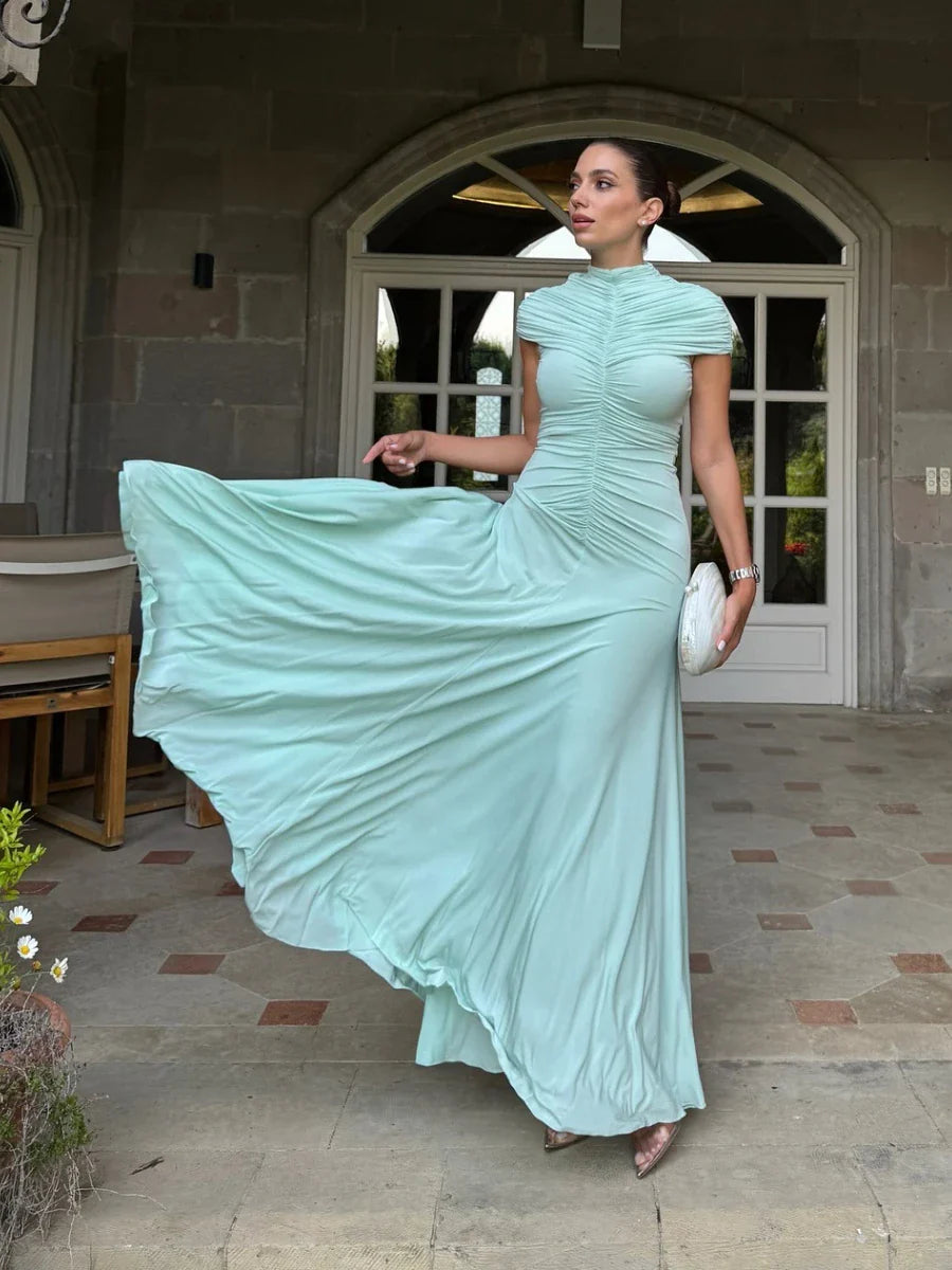 Stand Neck Short Sleeve Pleated Maxi Dress