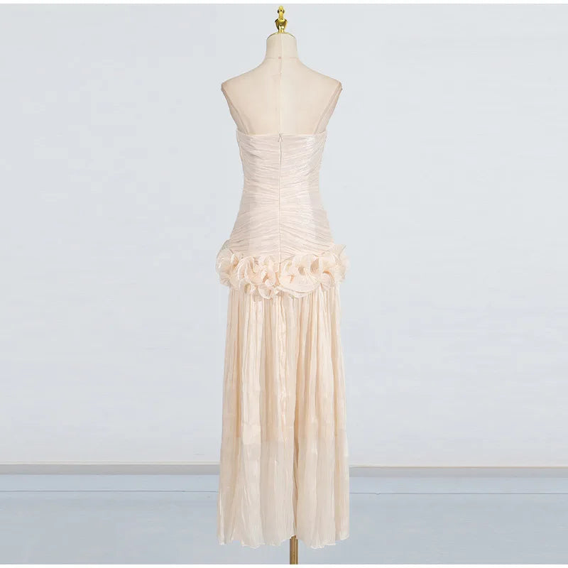 Pleated Flower Ruffles Tube Long Dress