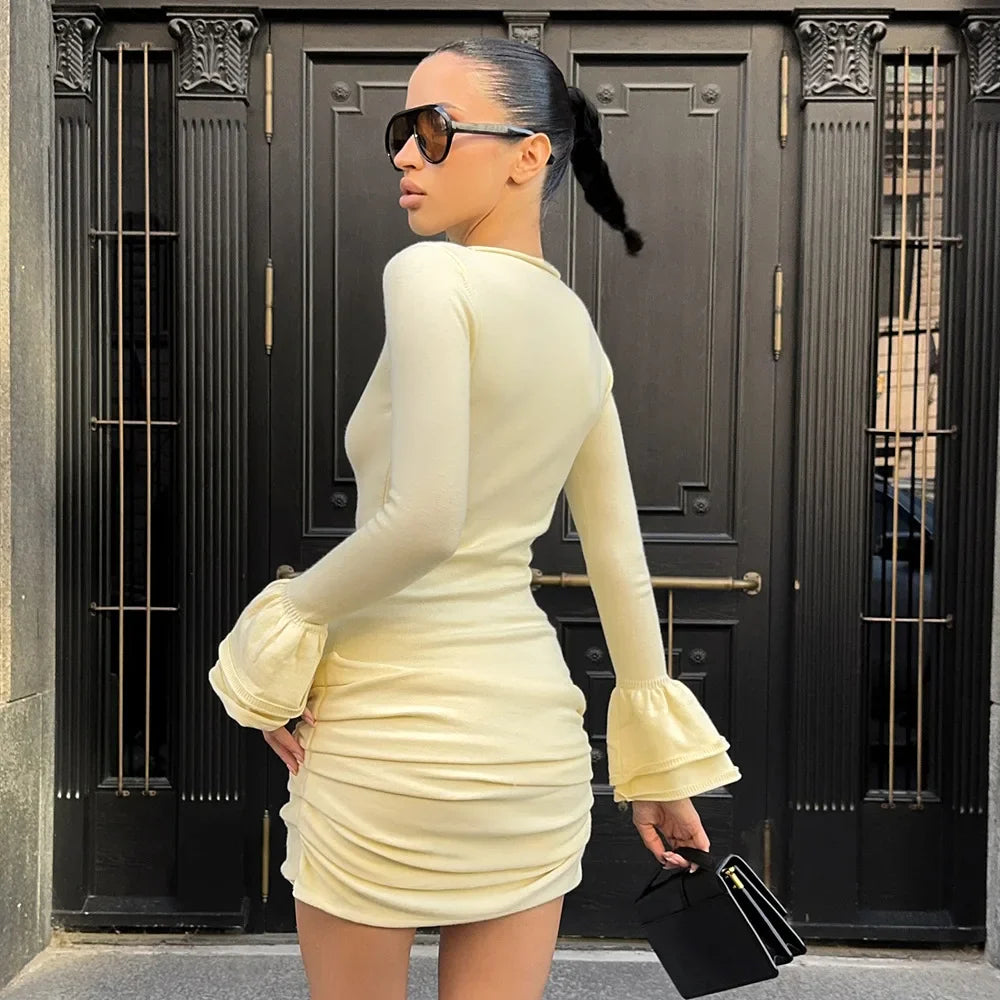 Yellow Ruched Hem Long Sleeve Mini Dress