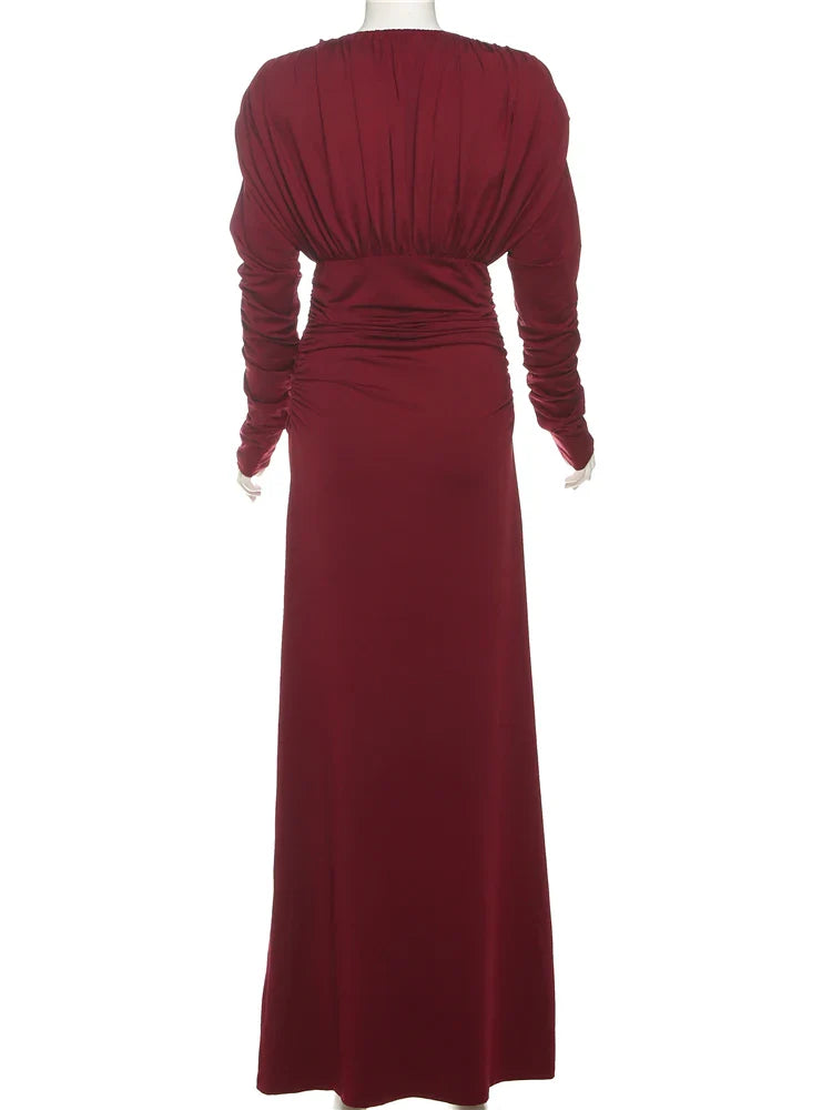 Red Ruched Long Sleeve Maxi Dress | Floor-Length Evening Gown