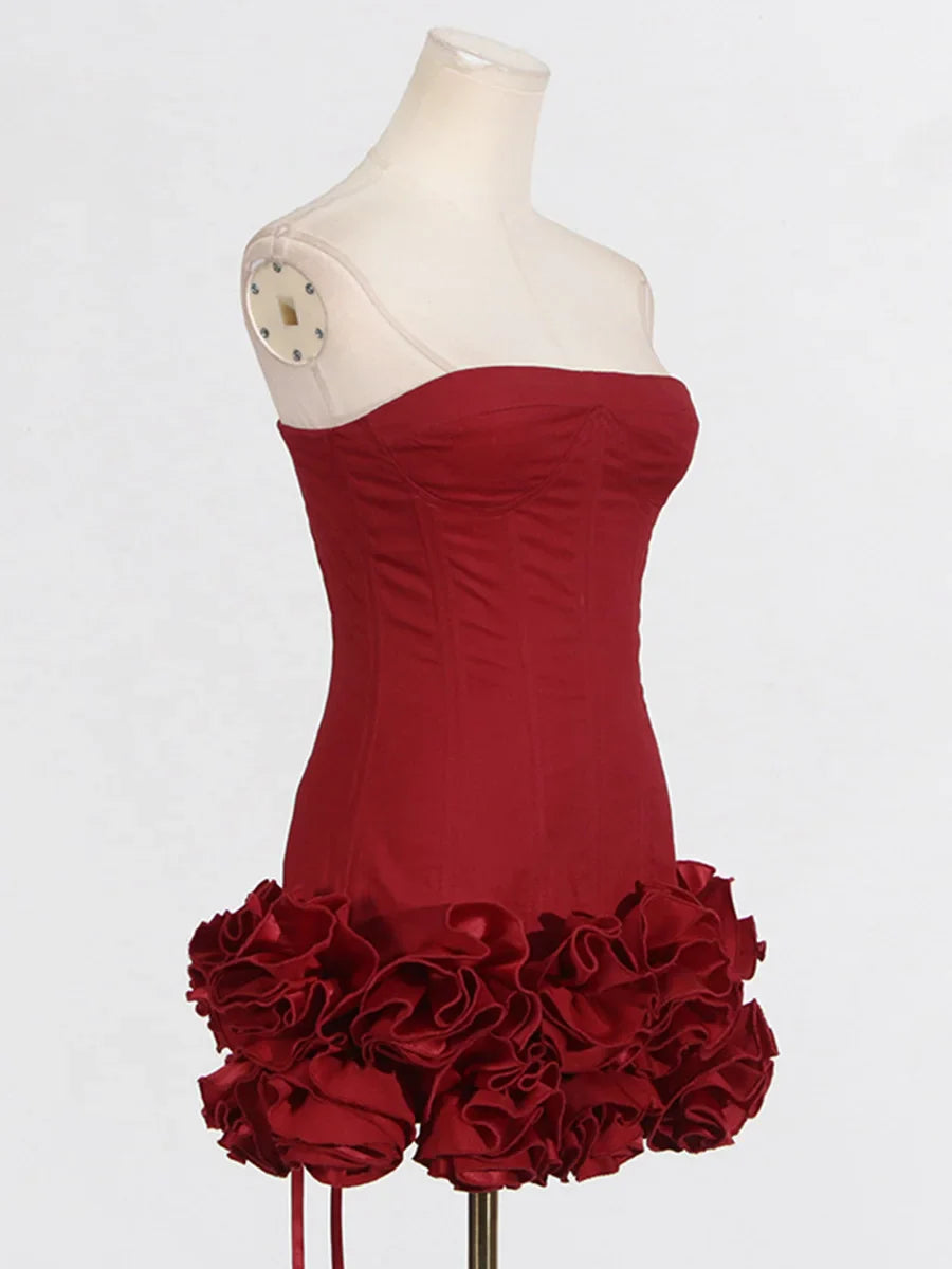 Red Strapless Mini Dress with Fungus Folds
