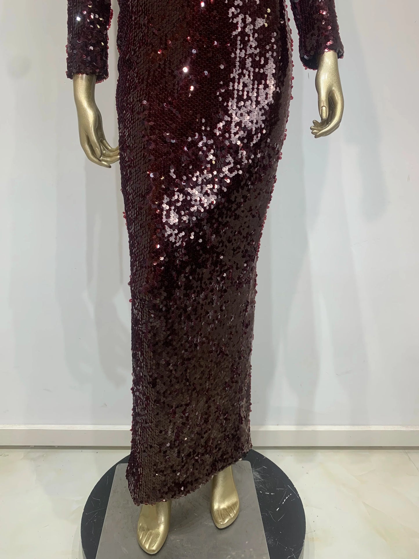 Burgundy Off Shoulder Mesh Sequin Maxi Gown