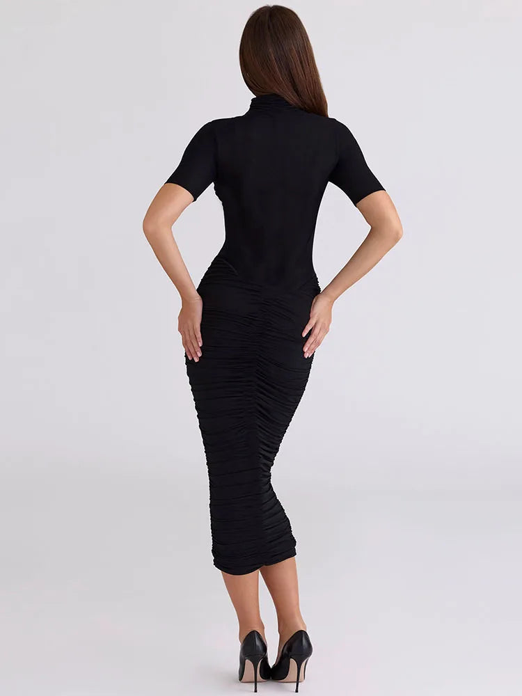 Black Ruched Turtleneck Short Sleeve Midi Dress