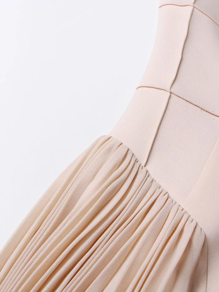 Apricot Patchwork Pleated Dress | O Neck Sleeveless A-Line Gown
