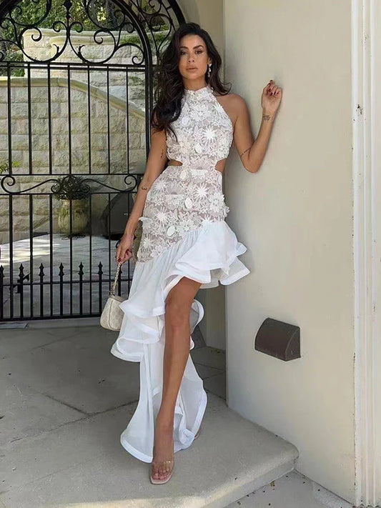 White Flower Embroidered Ruffles Halter Midi Dress
