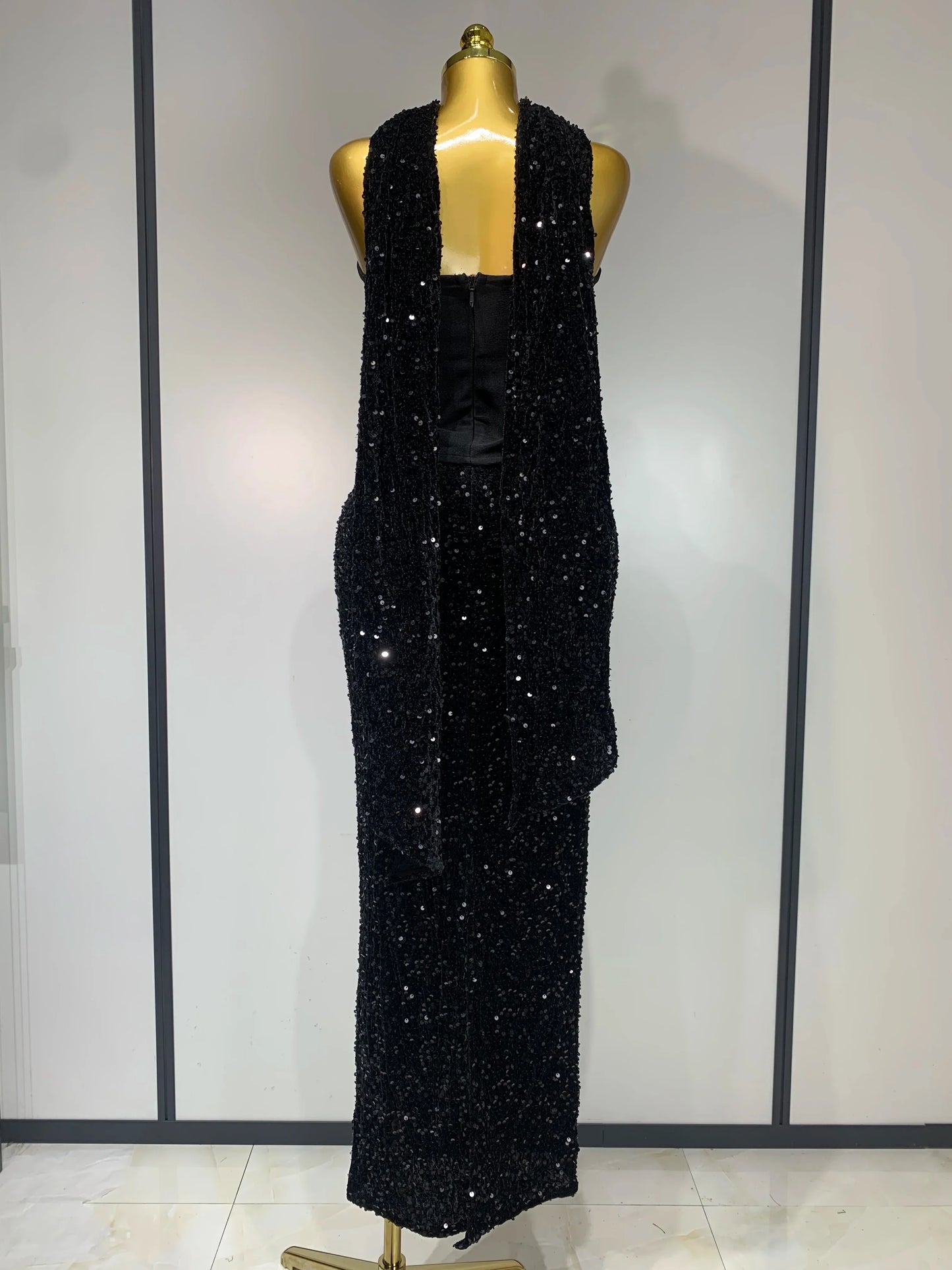 Strapless Sequin Maxi Skirt, Tube Top & Scarf Set