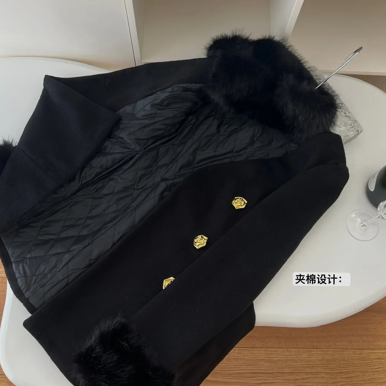 Faux Fur Collar Double-Breasted Wool Coat