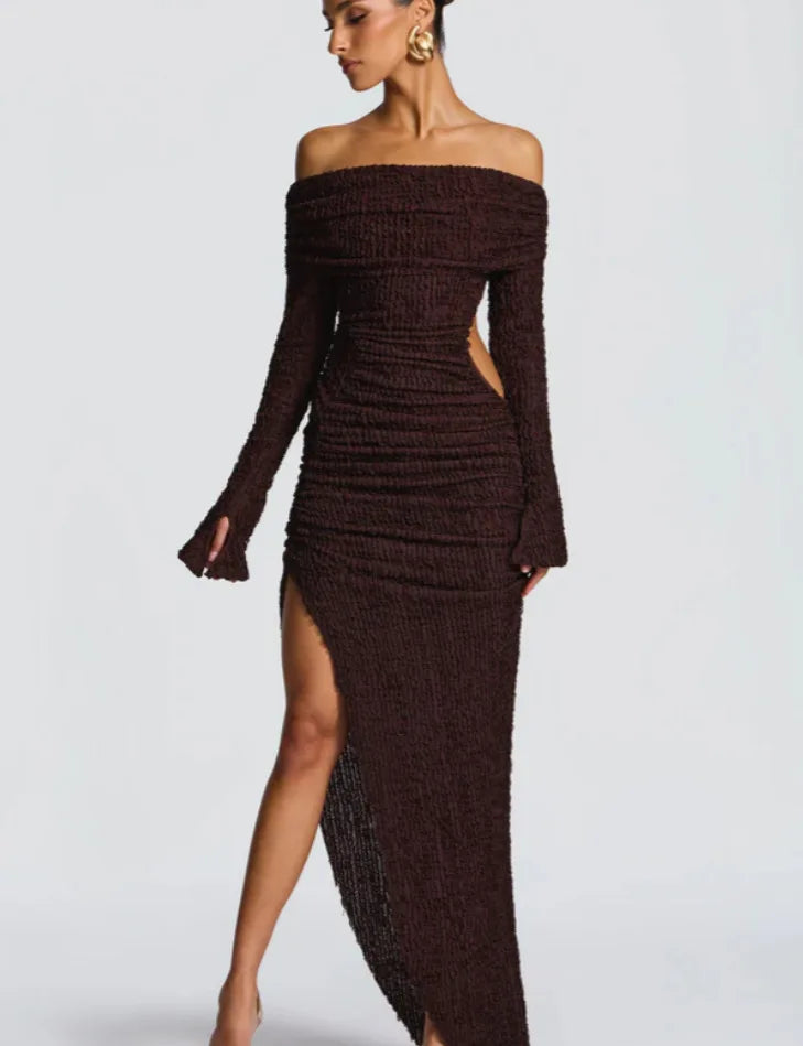 Off Shoulder Long Sleeve Textured Slit Maxi Dress