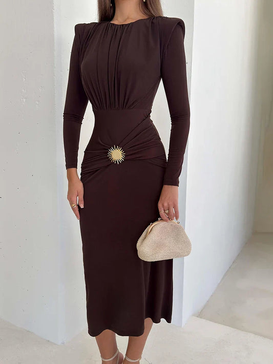 Long sleeve draped maxi dress with metal waist detail 