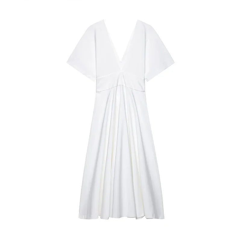 Vibe & Grace A-Line White Dress – V-Neck Empire Waist Midi with Button Front
