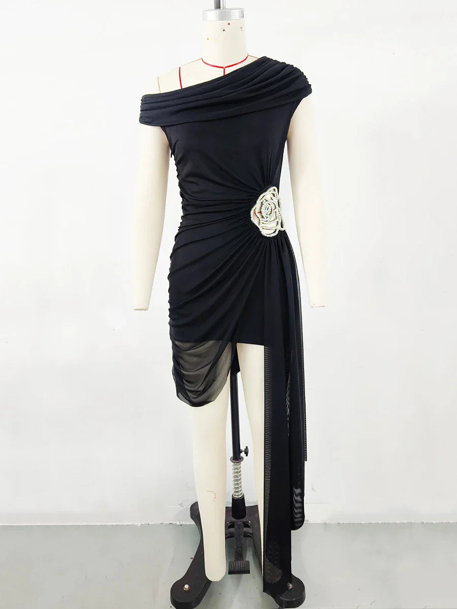 Diagonal Collar Vintage Patchwork Mini Dress with Sculpted Detail