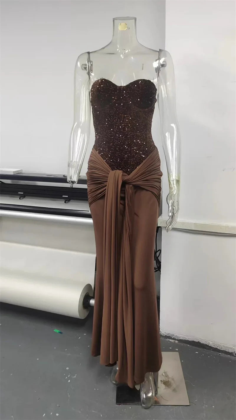 Sequin Strapless Draped Waist Evening Gown