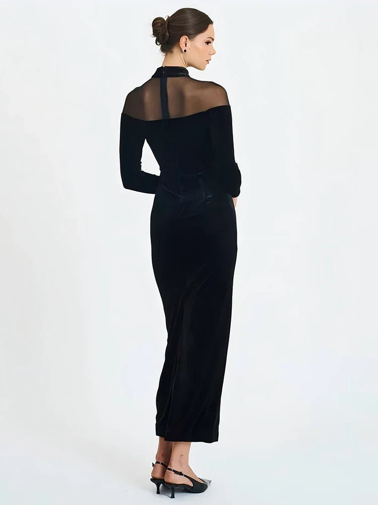 Black Velvet Sheer Off-Shoulder Evening Maxi Dress
