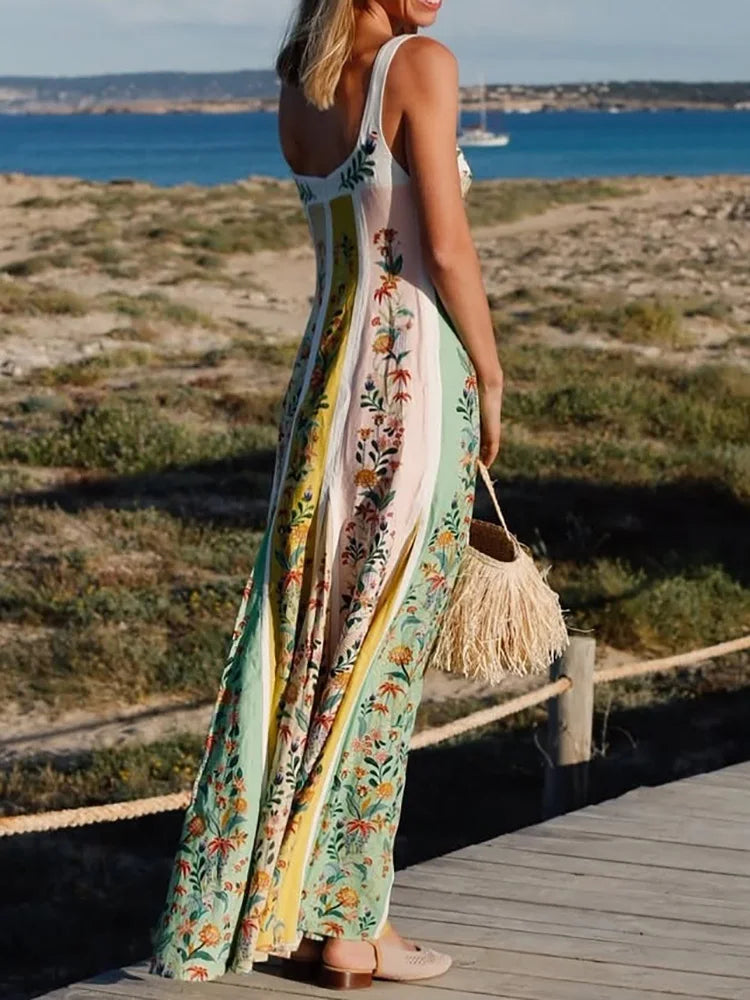 Patchwork Spaghetti-Strap Maxi Dress