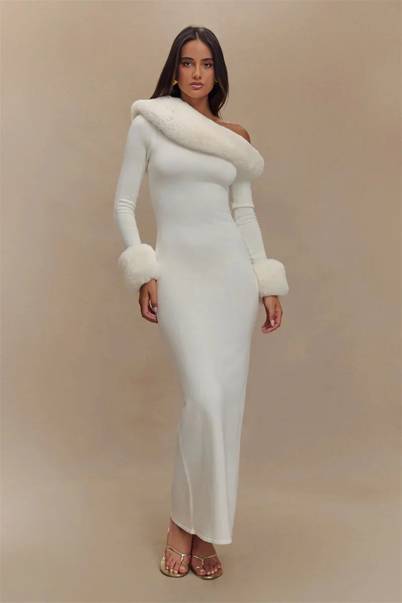 White Fur Trim Off-Shoulder Maxi Dress