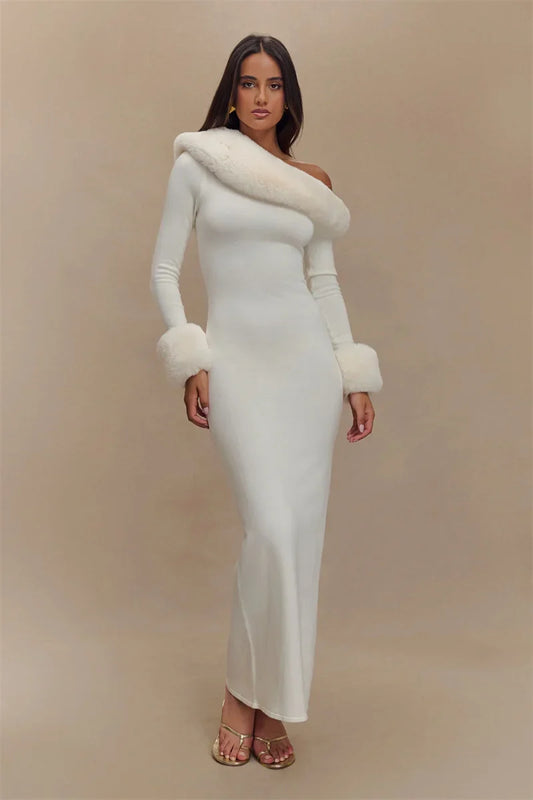 White Fur Trim Off-Shoulder Maxi Dress