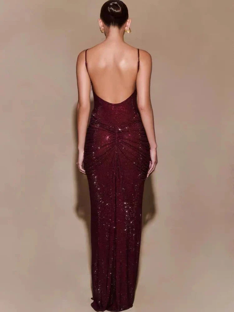 Shiny Rhinestone Folded Gown – Square Neck Backless Sleeveless Party Dress