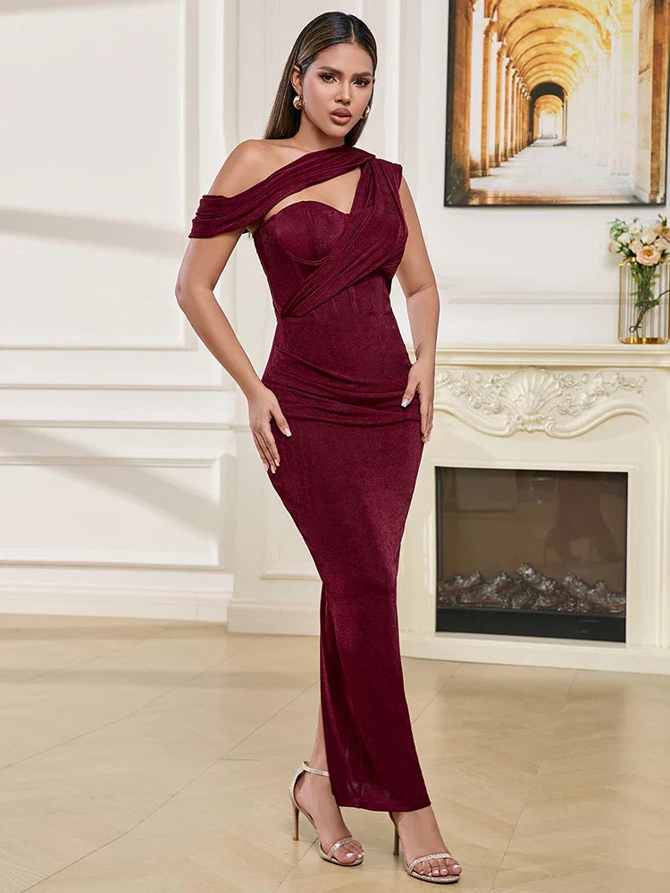 Wine Red One Shoulder Draped Bodycon Dress | Slim Cocktail Gown