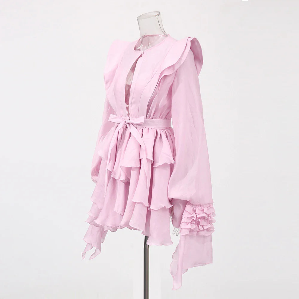 Ruffles Tie Up Front Slit  O-Neck Long Sleeve Mini Dress