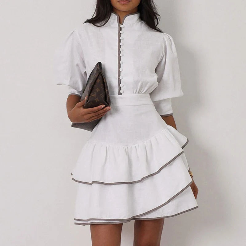 White Stand Collar Puff Sleeve Mini Shirt Dress | High Waist A-Line Office Lady