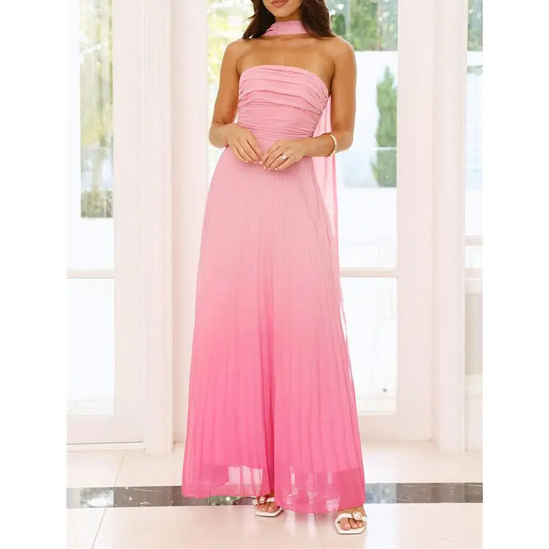 Ethereal Glow – Strapless Pink Ombre Maxi Dress for Summer Days