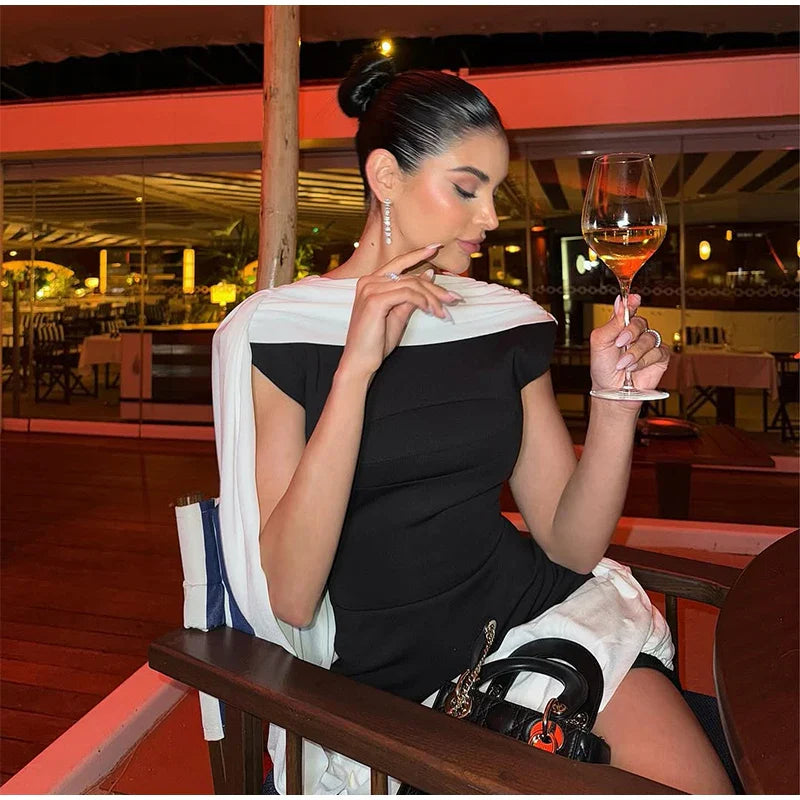 Black Mini Dress with Draped Cape Overlay