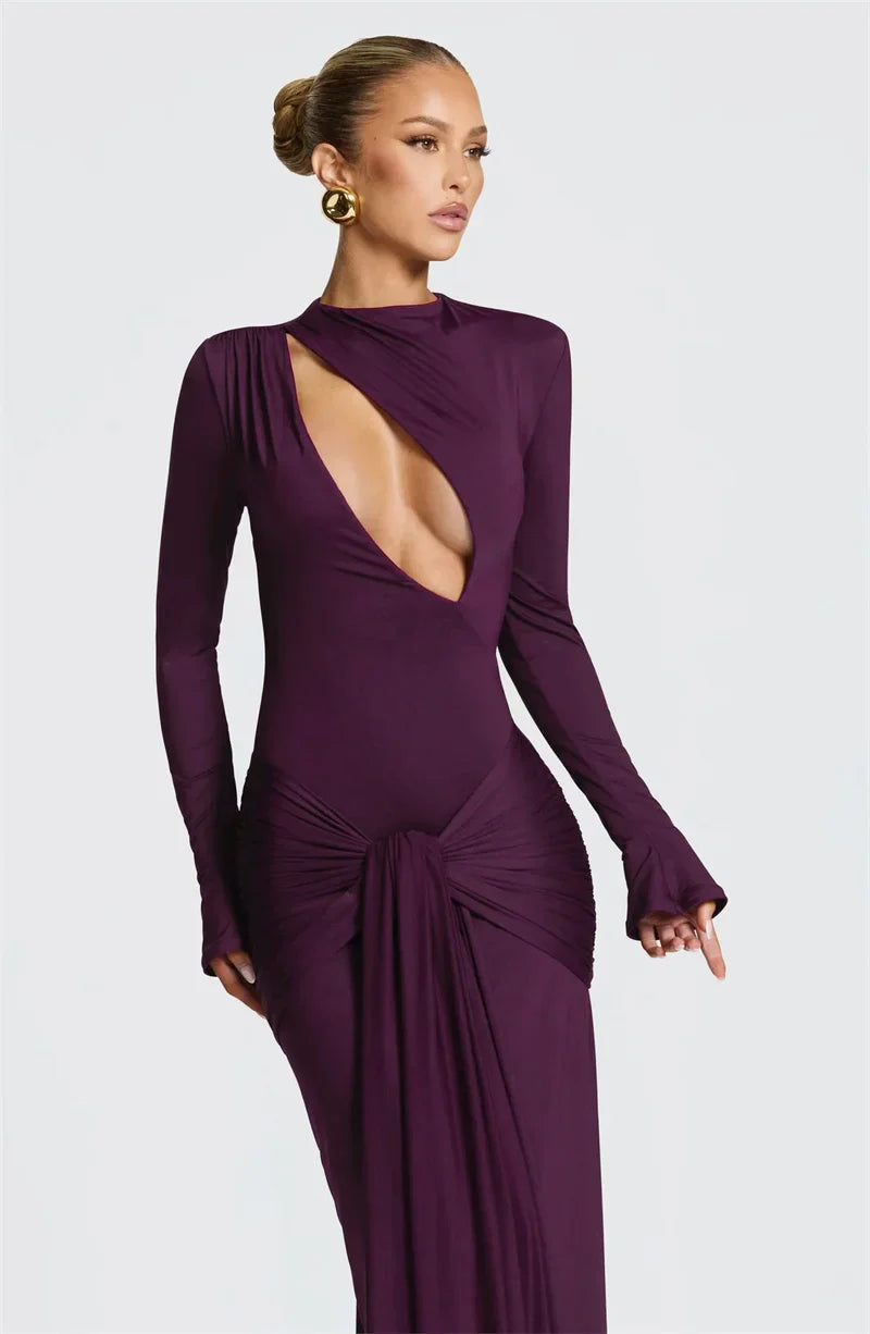 Draped Cut-Out Long Sleeve Evening Maxi Dress