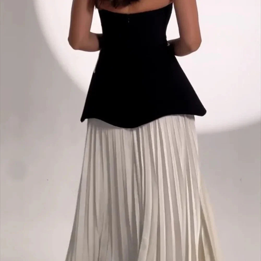 Strapless Bloom-Appliqué Pleated Evening Gown