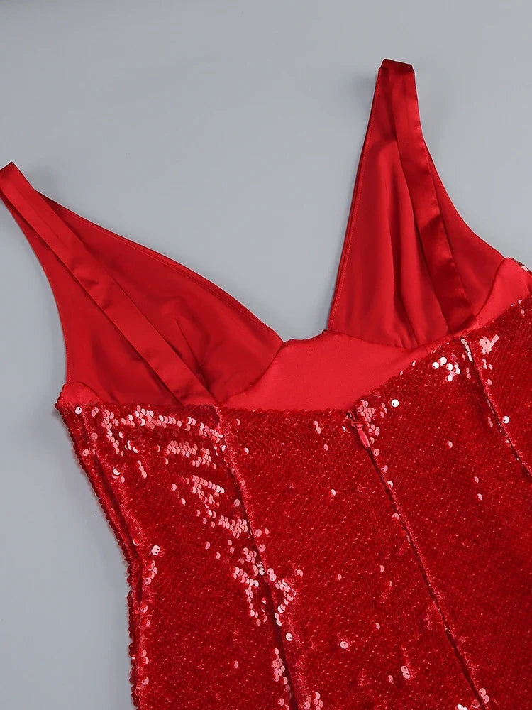 Red Deep V-Neck Sequin Gown
