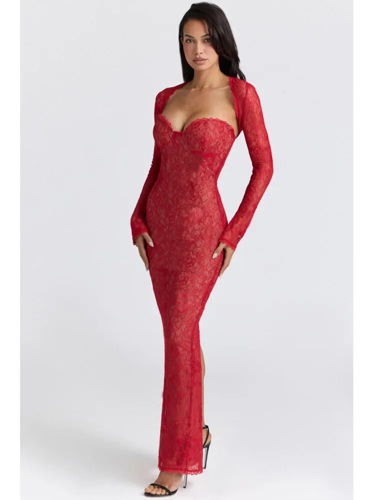 Red Lace Sheer Sleeve Removable-Sleeve Maxi Dress