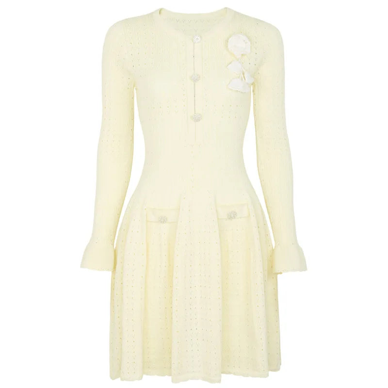 Knit Flower Appliqué Long Sleeve Mini Dress