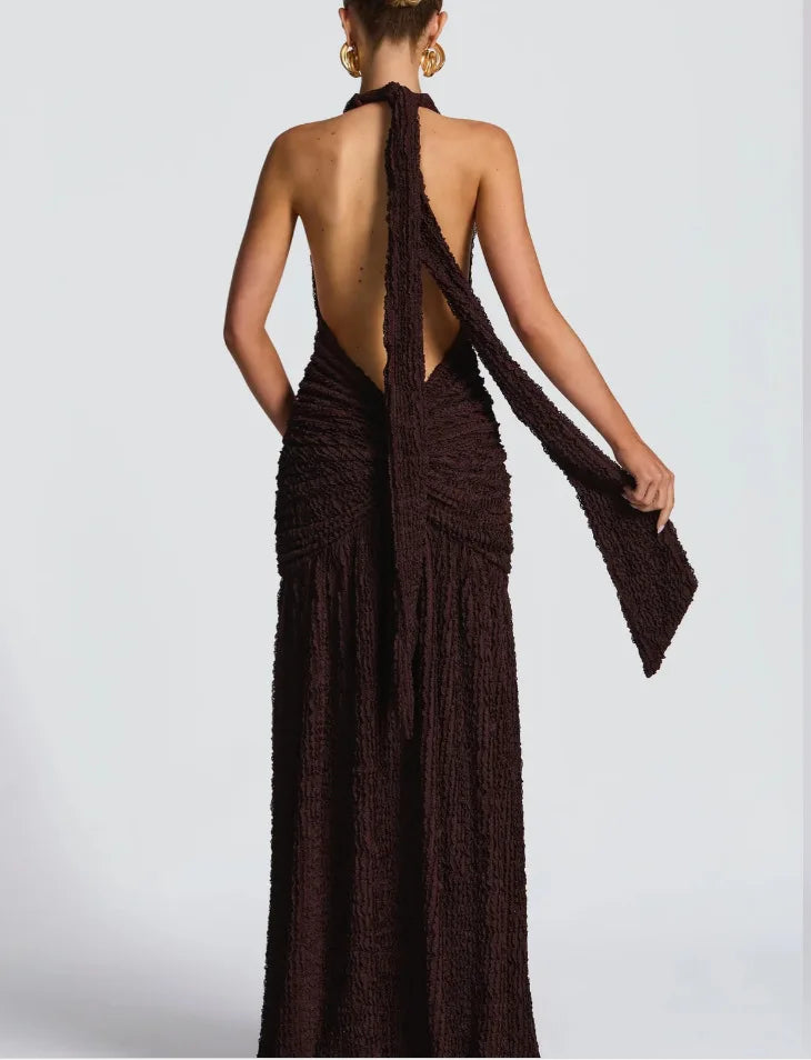 Textured Pleated Deep Halter Neck Maxi Dress