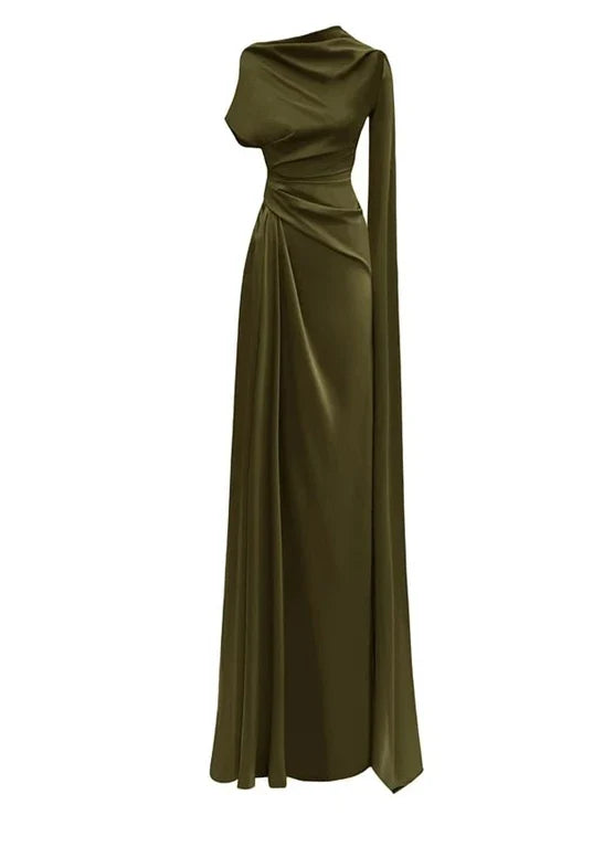 Elegant Diagonal Collar A-Line Maxi Dress with Folds
