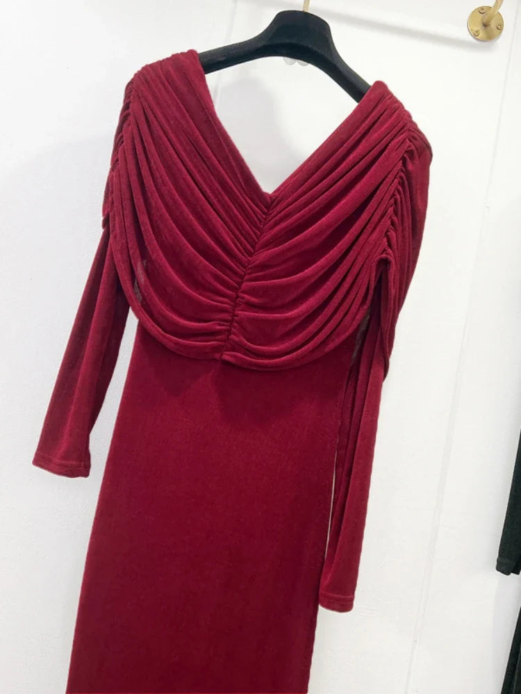 Red Asymmetrical Off Shoulder Folded Pin Gown | Slim Long Sleeve Evening Dress