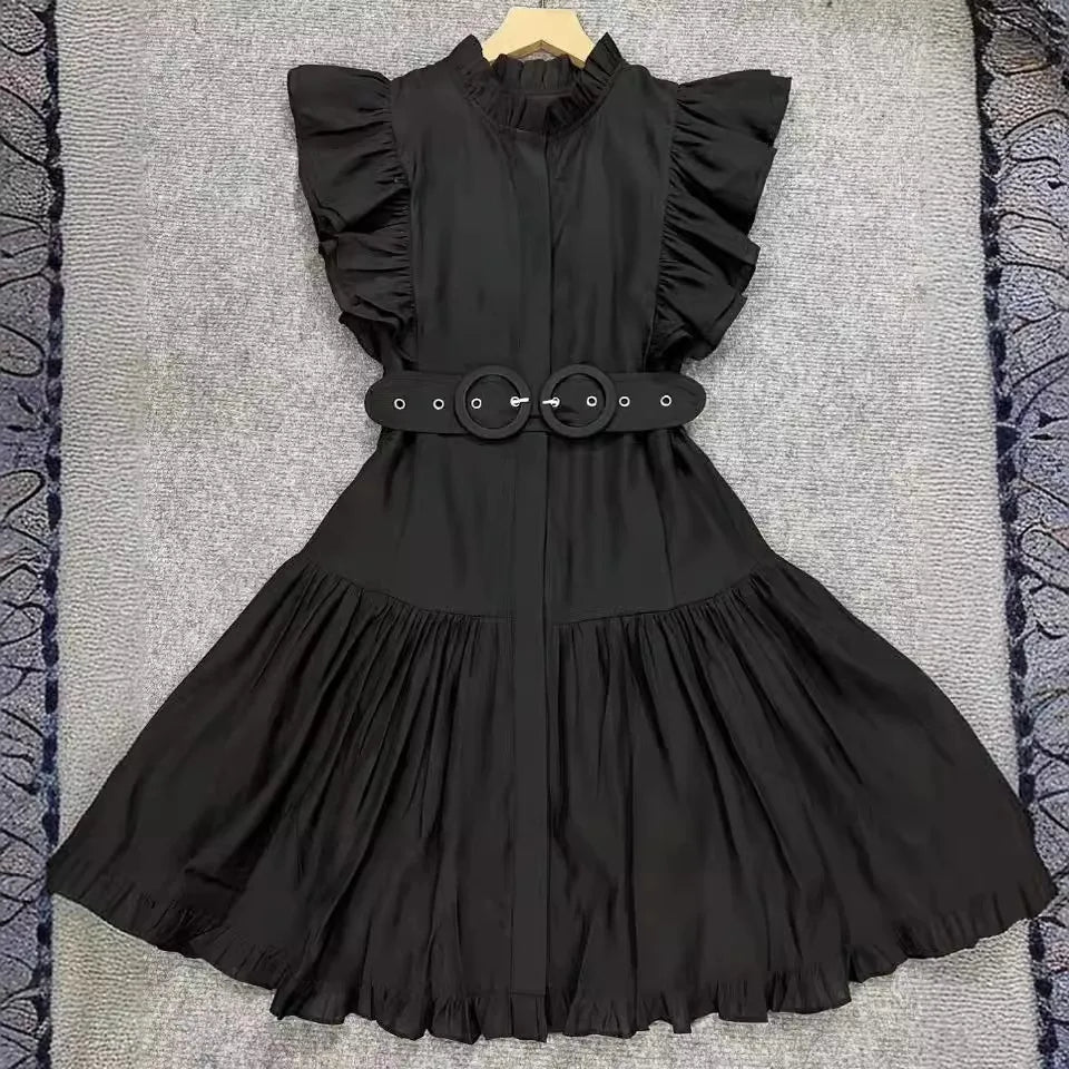 Chic Printed Stand Neck Tiered Mini Dress with Butterfly Sleeves