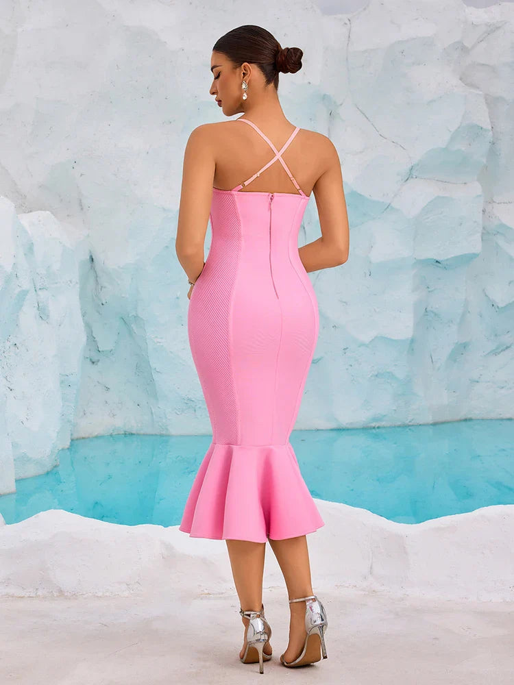 Pink Bandage Ruffle Midi Dress | Sweetheart Spaghetti Strap