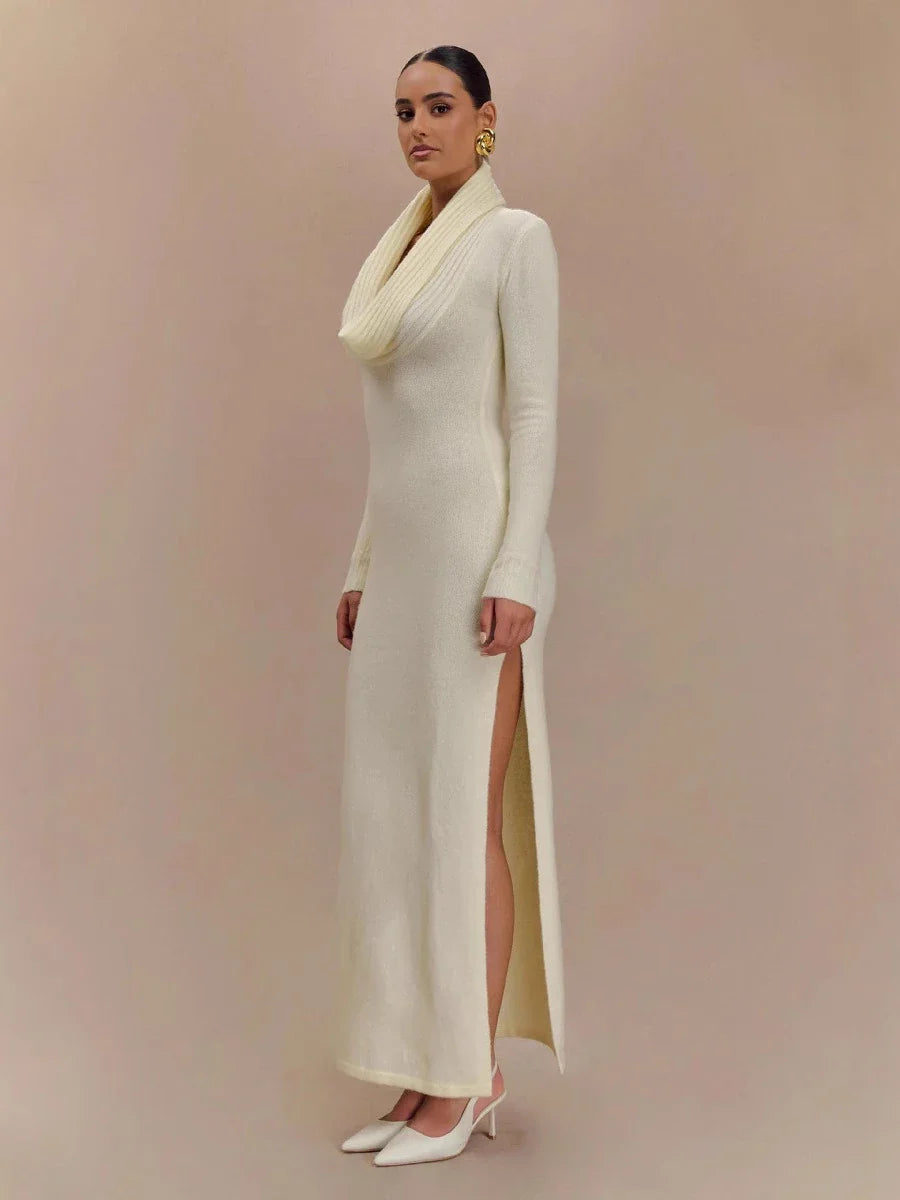 White Draped Cowl-Neck Knit Maxi Dress