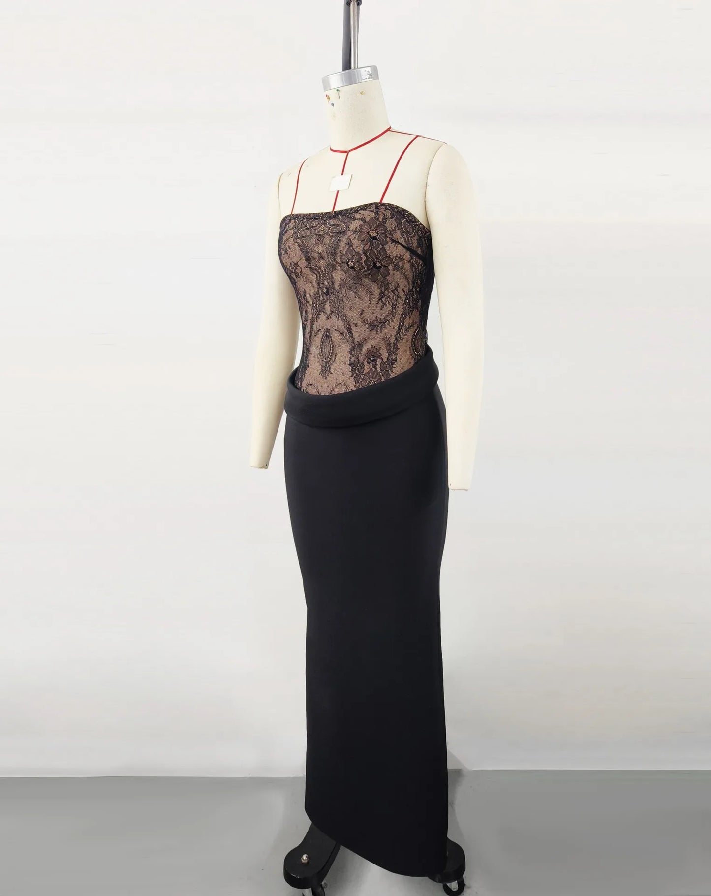 Black Lace Pleated Satin Drape Maxi Dress