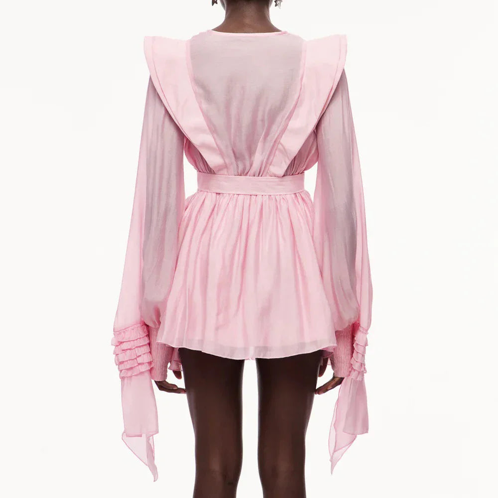 Ruffles Tie Up Front Slit  O-Neck Long Sleeve Mini Dress