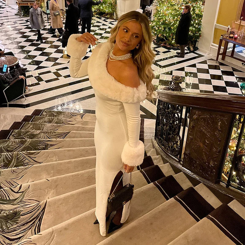 White Fur Trim Off-Shoulder Maxi Dress
