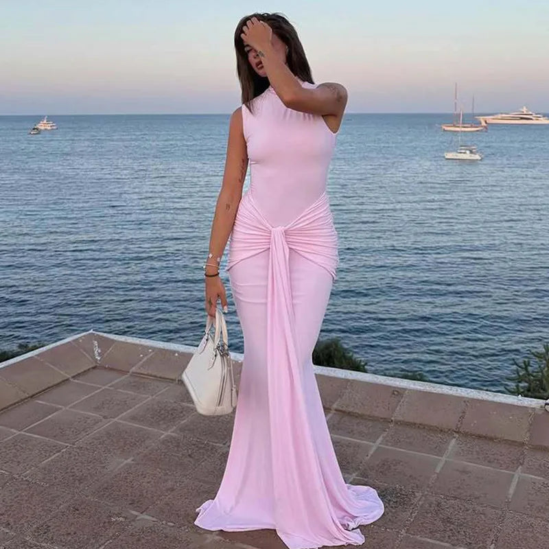 Pleated Ribbon Sleeveless High Neck Maxi Dress